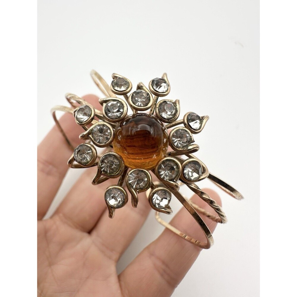 Vintage Gold Tone Sunburst Rhinestone Cuff Bracelet 7”
